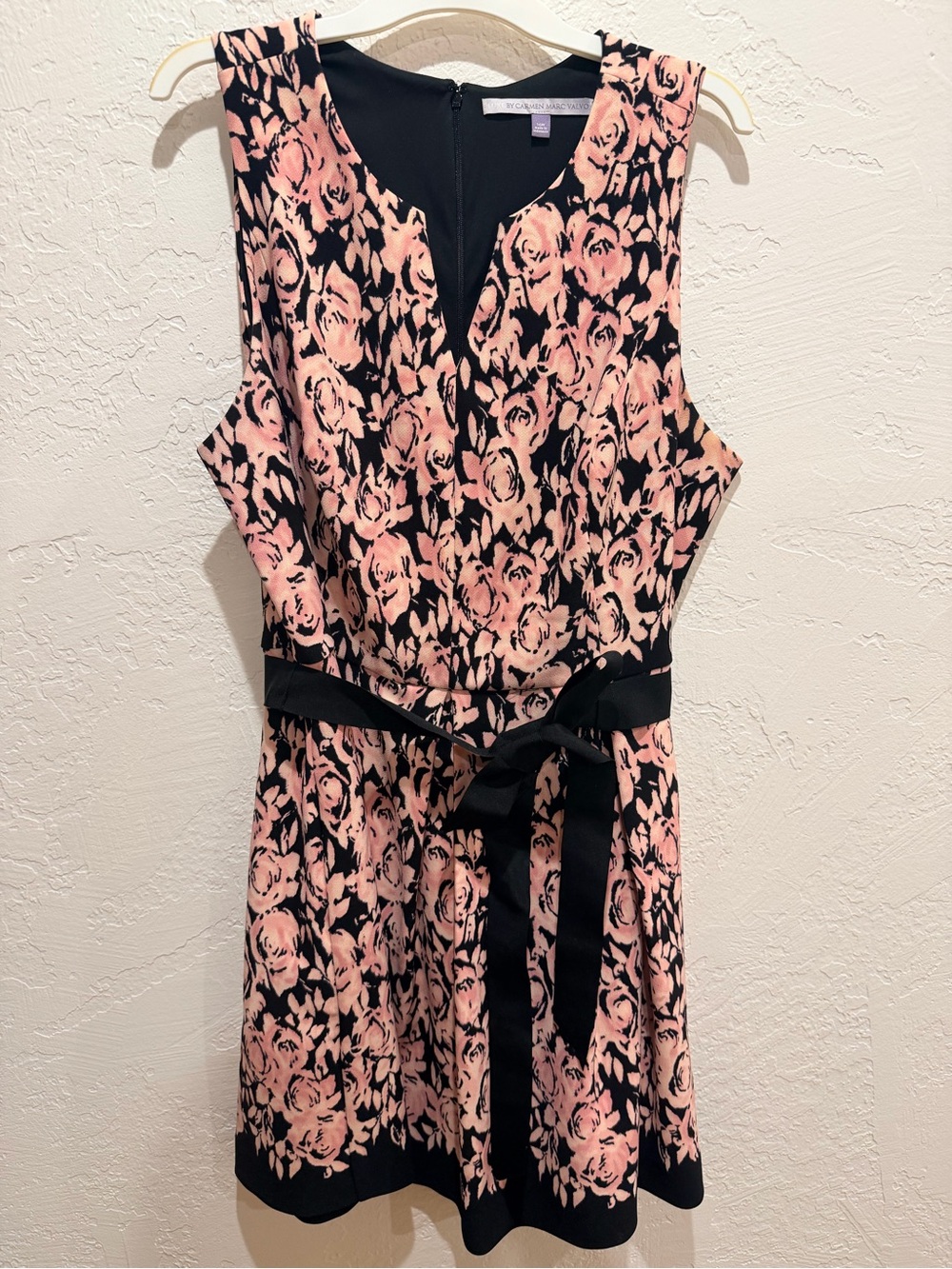 Carmen Marc Valvo Pink Floral Sleeveless Dress with Black Accents